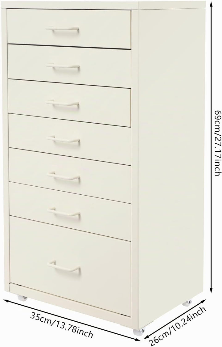 Metall Rollcontainer mit 7 Schubladen, Mobiler Aktenschrank, Büroschrank mit Rädern, Rollschrank Sch
