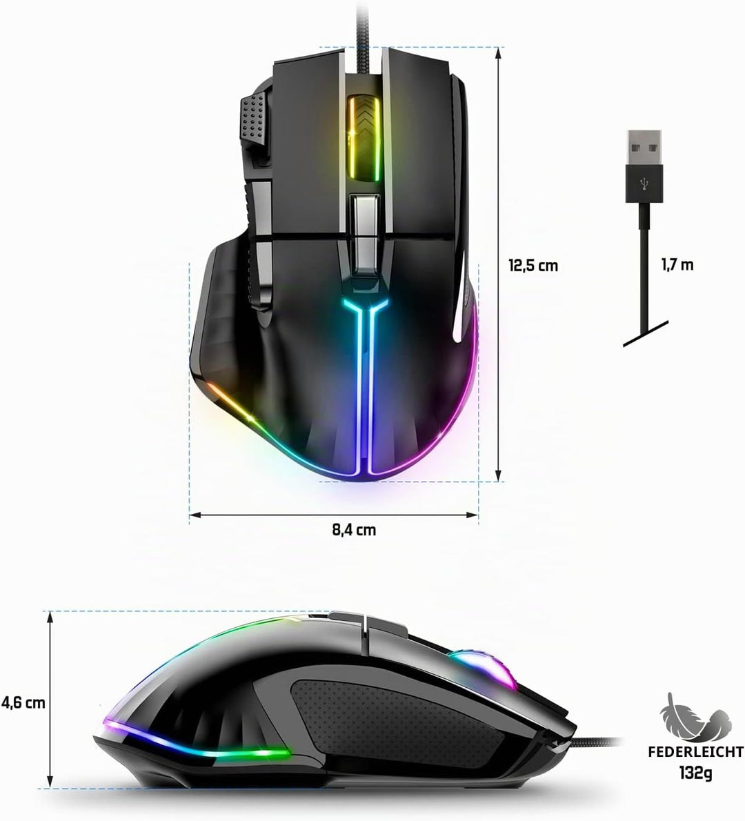 SPIRIT OF GAMER | Gaming Maus PC mit 12800 DPI | RGB Maus mit 8 Programmierbaren Tasten darunter 1 R