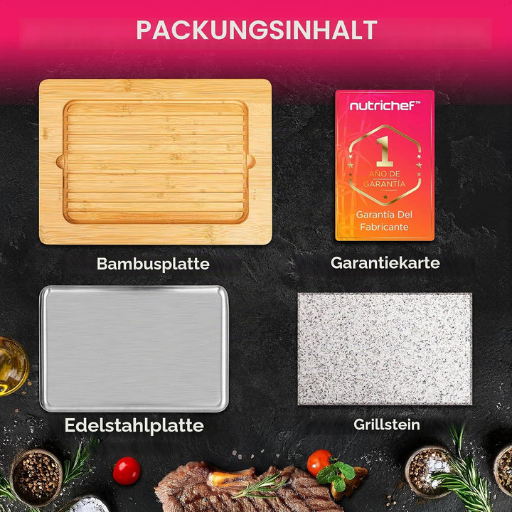 NutriChef Granitstein Grillplatte 38x27cm – Teppanyaki Tischgrill mit Bambusplatte, Antihaft, 290°C,