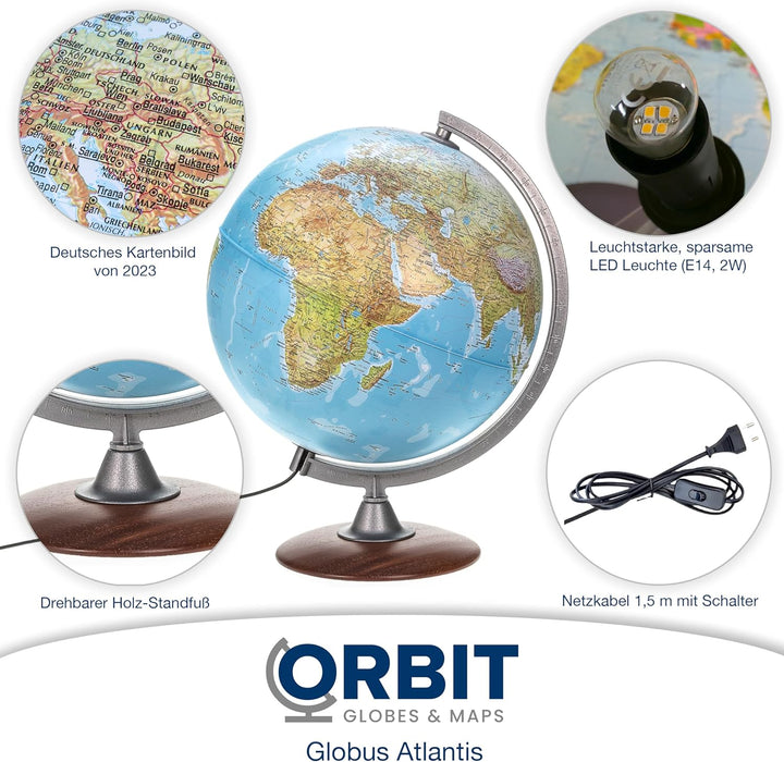 ORBIT Globes & Maps - Leuchtglobus - 30cm Globus mit Holzfuss, Kartenbild 2023 physikalisch / politi