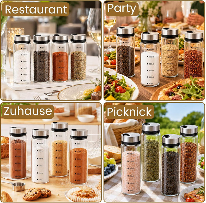 Mssushi 4er Set Salzstreuer Klein mit Drehdeckel 300ml | 10oz, Gewürzgläser Rund Glas Leer, 4 Lochgr