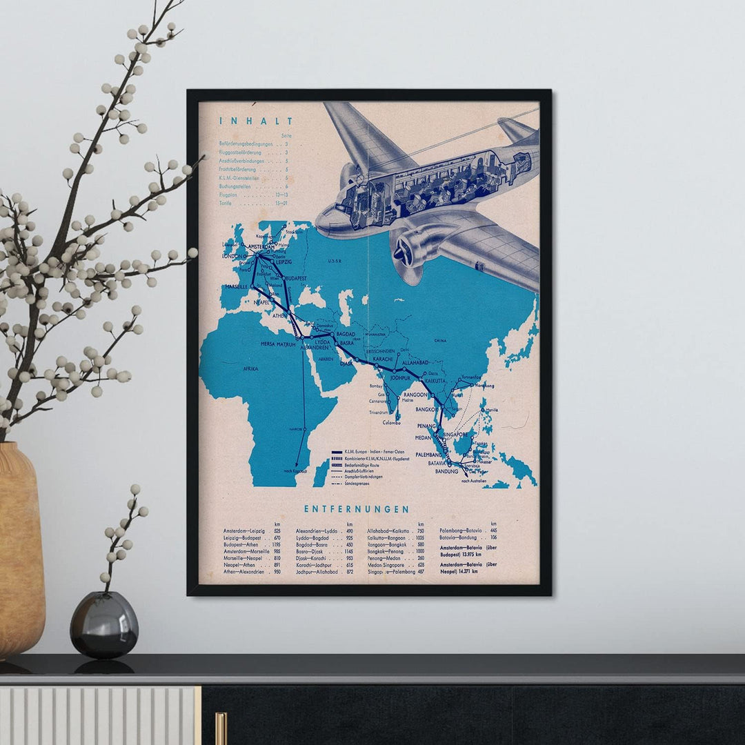 Nacnic Antikes Reisewerbeplakat. KLM-Fluggesellschaft 1938. Illustrationen von Vintage-Anzeigen für