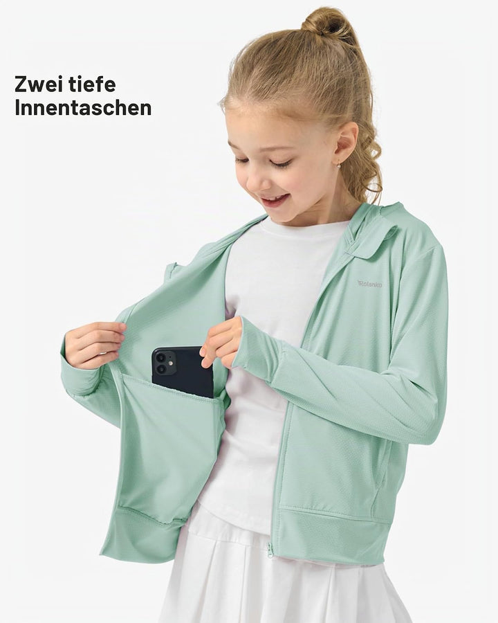 Rolanko Mädchen Sommerjacke mit Daumenlöchern Langarm Sonnenschutz Schnell Trocknend Reissverschluss