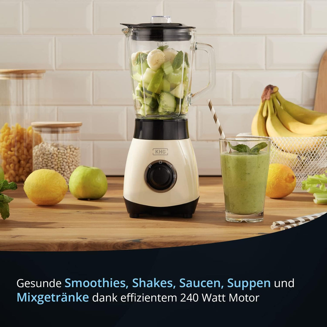 KHG Mini Standmixer 250 Watt mit 0,8 Liter Glasbehälter, Creme, 4-fache 3D Edelstahlklingen, 2 Gesch