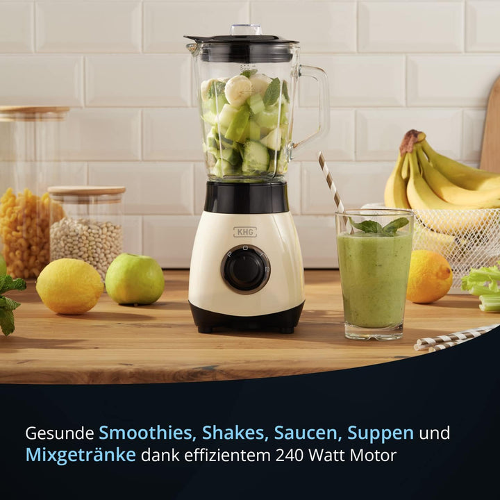 KHG Mini Standmixer 250 Watt mit 0,8 Liter Glasbehälter, Creme, 4-fache 3D Edelstahlklingen, 2 Gesch