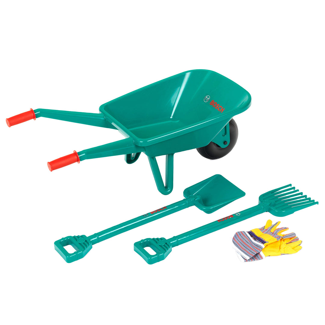 Theo Klein 2660 Bosch Gartenset mit Schubkarre | Mit Schaufel, Rechen und Arbeitshandschuhen | Masse