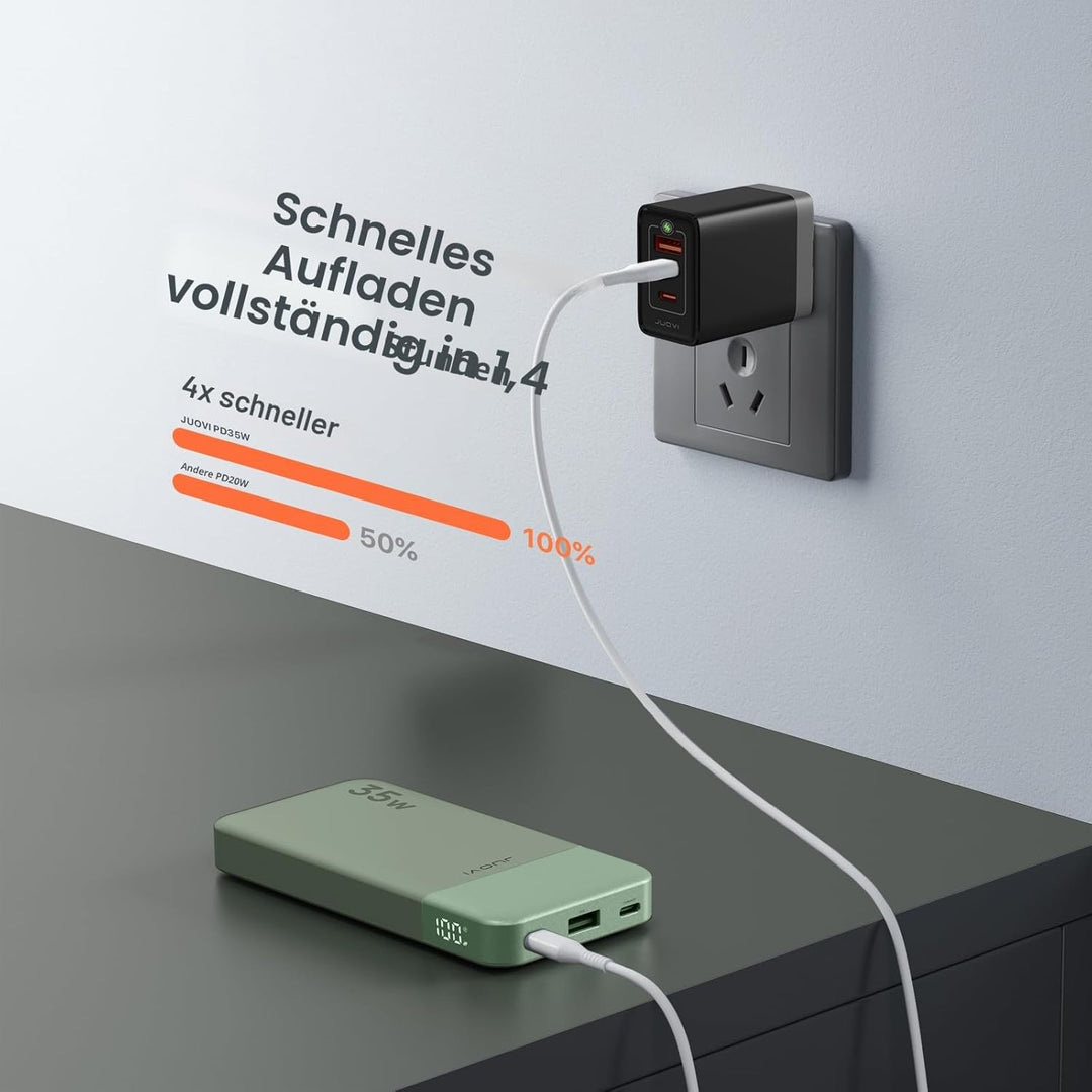 JUOVI Tragbare Powerbank 10000 mAh 35 W Schnellladung Tragbares Ladegerät mit PD 3.0 QC 4.0, 2 Typ-C