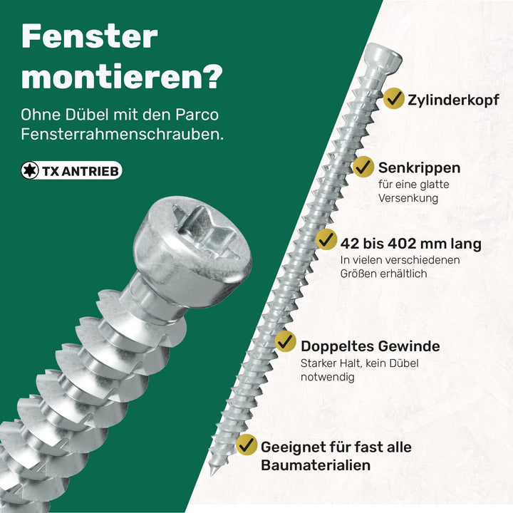 PARCO Fensterrahmenschrauben 7,5 x 212 mm | Zylinderkopf | für Fensterbau | TX30 100 Stück 7,5 x 212