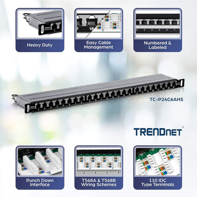 TRENDnet 24-Port CAT6A geschirmt Half-U Patchpanel 1000Base-T/ 10Gbase-T Unterstützung, kompatibel m