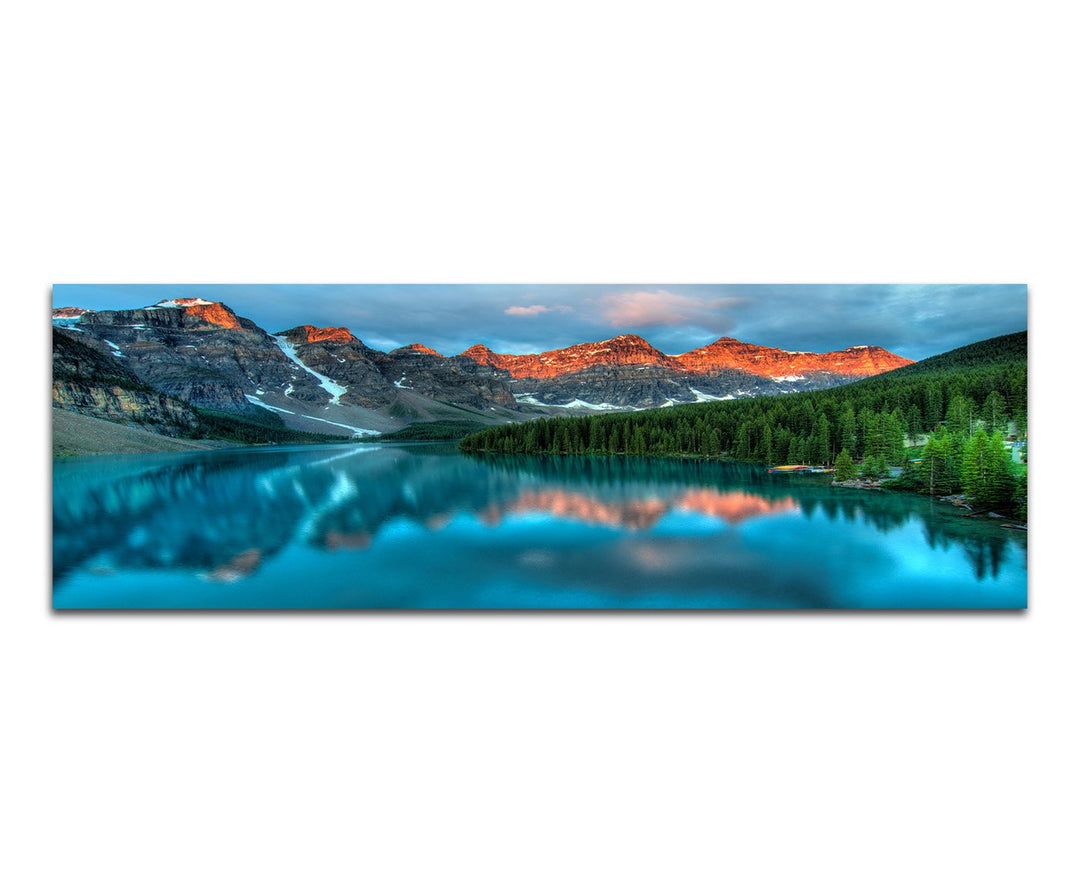Paul Sinus Art Panoramabild auf Leinwand und Keilrahmen 120x40cm Landschaft Berge Wald See Sonnenauf