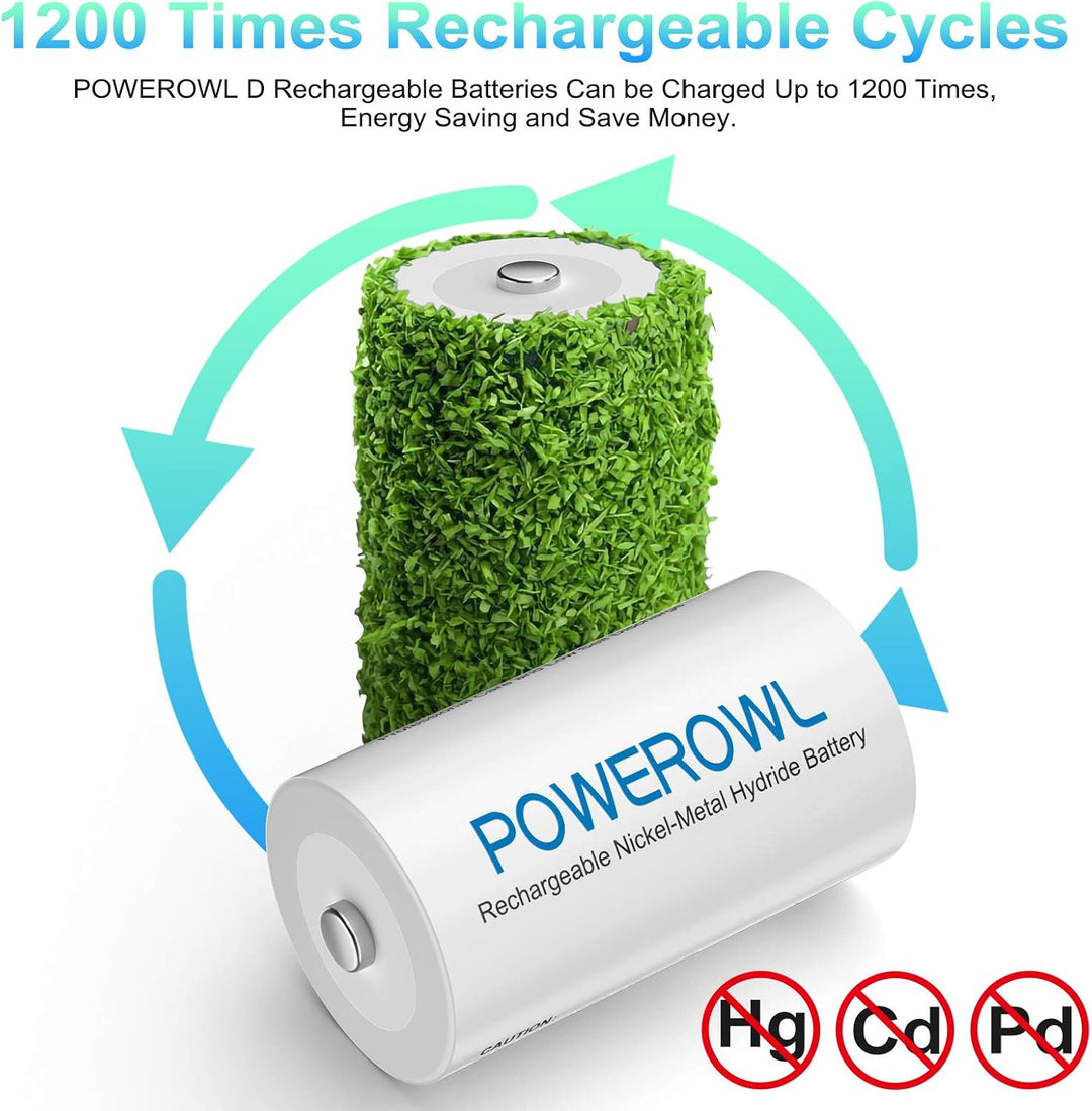 POWEROWL D Akku Mono 1.2V 10000mAh Wiederaufladbar D Batterien mit Geringer Selbstentladung & Vorgel