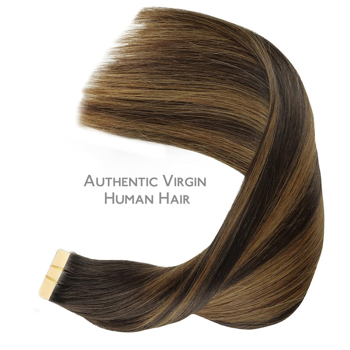WENNALIFE Tape Extensions Echthaar, 20pcs 40g 30cm 12 Zoll Balayage Dunkel Braun to Chestnut Braun R