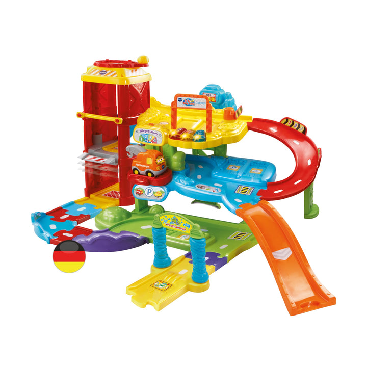 VTech Baby Flitzer - Parkgarage – Interaktives Spielzeug mit Abschleppwagen, Aufzug, Rutsche, Tankst