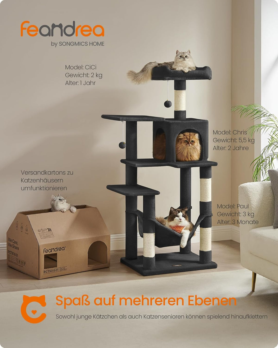 Feandrea Kratzbaum, 143 cm hoch, Katzenbaum, mehrstöckiges Katzenhaus, mit 4 Kratzsäulen, 2 Plattfor