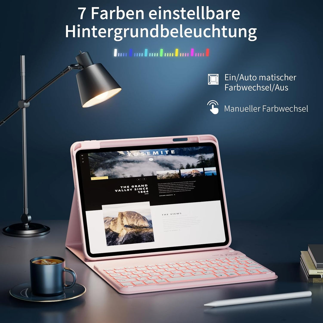 Hülle mit Tastatur für iPad A16 11 Generation 2025/10 Generation 2022 (11/10.9 Zoll) 7 Farben Beleuc