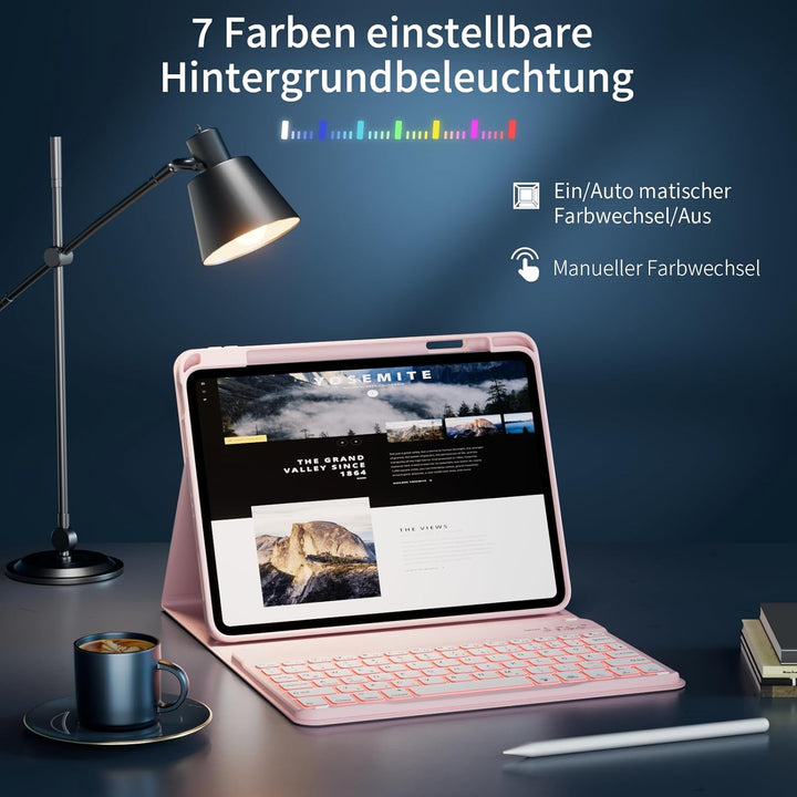 Hülle mit Tastatur für iPad A16 11 Generation 2025/10 Generation 2022 (11/10.9 Zoll) 7 Farben Beleuc