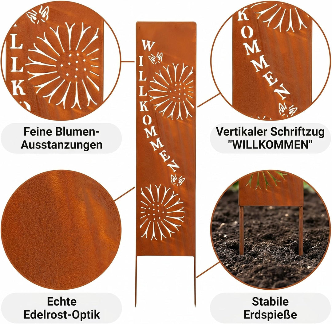 levandeo Stele Willkommen Garten-Deko 20x100cm Eisen Rost Rostdeko Braun Gartenstecker Gartenstele E