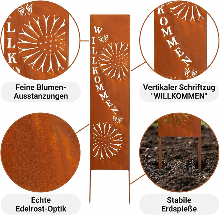 levandeo Stele Willkommen Garten-Deko 20x100cm Eisen Rost Rostdeko Braun Gartenstecker Gartenstele E