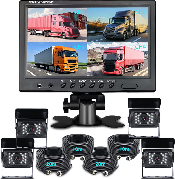 9 Zoll Rückfahrkamera Set mit 4pin Kabel, 4 Wasserdicht Spiegel Kameras für LKW Wohnmobil Wohnwagen