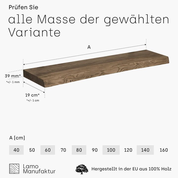LAMO Manufaktur Wandregal Holz Baumkante | Regal Farbe: Nussbaum | Pure: ohne Montage Set | 60 cm Pu