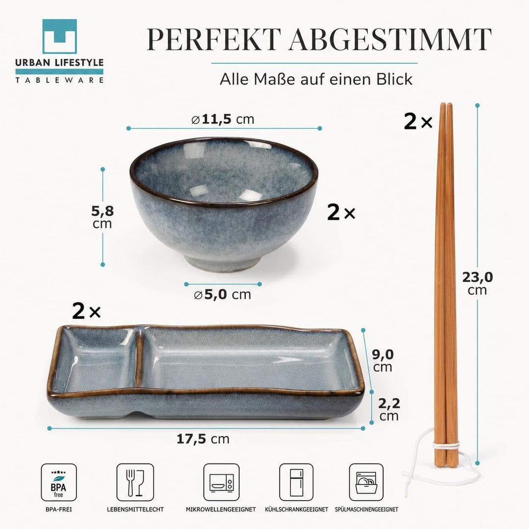 Sushi Geschirr set "Misaki" Graublau für 2 Person, Sushi Set Japanischer Geschirr für Miso Suppe Mak