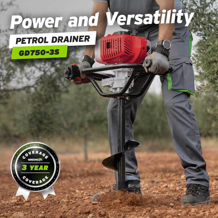 GREENCUT GD750X-3S - Benzin-Erdbohrer 75cc 5.2hp, 2-Takt-Motor, mit 3 Stahlbohrern 100/150/200mm, ma