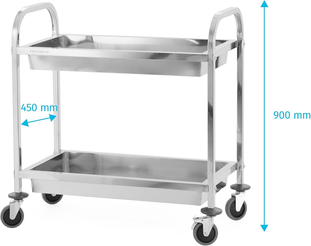 TECHNICA PRESTONA Servierwagen Edelstahl 2 Etagen mit Rollen & Bremse Quadratischer Griff - Tiefe Re