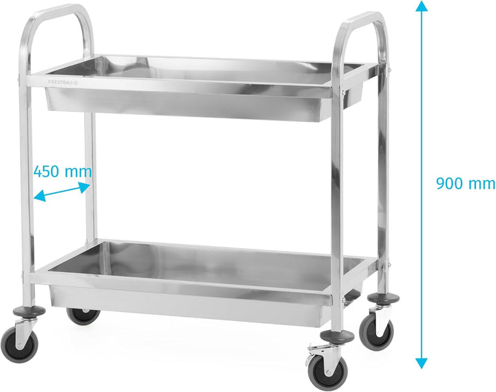 TECHNICA PRESTONA Servierwagen Edelstahl 2 Etagen mit Rollen & Bremse Quadratischer Griff - Tiefe Re