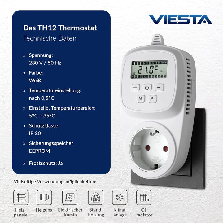 VIESTA TH12 Thermostat Thermostatstecker Steckdosenthermostat für Infrarotheizung Heizpaneele Heizun