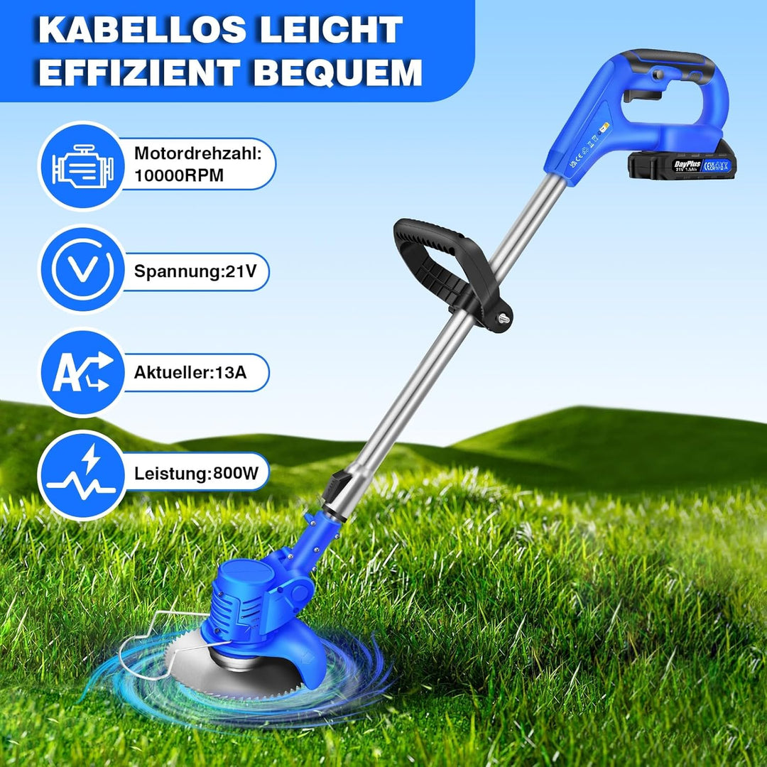 Qimu Akku Rasentrimmer 21V Elektrischer Rasentrimmer Elektro-Trimmer Akku Motorsense Rasen mit 2 Akk