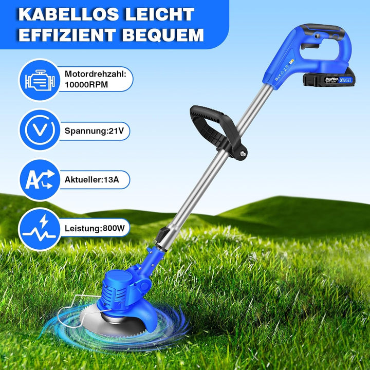 Qimu Akku Rasentrimmer 21V Elektrischer Rasentrimmer Elektro-Trimmer Akku Motorsense Rasen mit 2 Akk