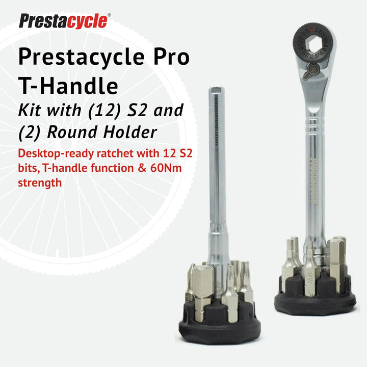 Prestacycle Pro T-Griff Ratschen-Set mit (12) S2-Bits und (2) runden Bithaltern - Kompaktes Desktop/