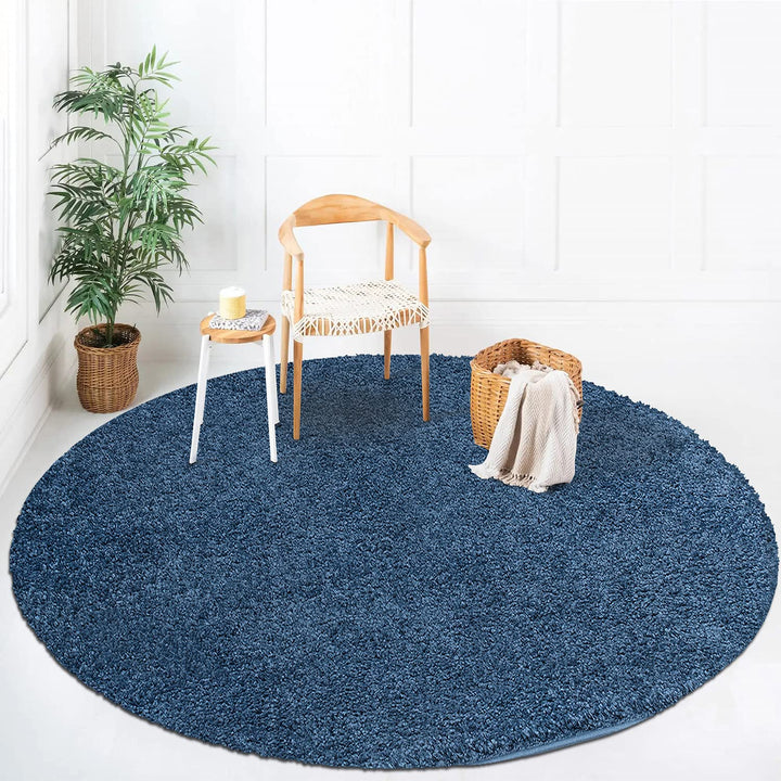 payé Teppich Rund Hochflor Shaggy - 200x200cm - Blau Einfarbig Uni Flauschig Modern Boho Wohnzimmer
