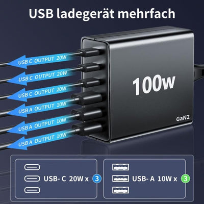 FINIBO USB C Ladegerät Mehrfach: 100W 6-Port Schnellladegerät mit USB-C und USB-A, Tragbarer USB C W