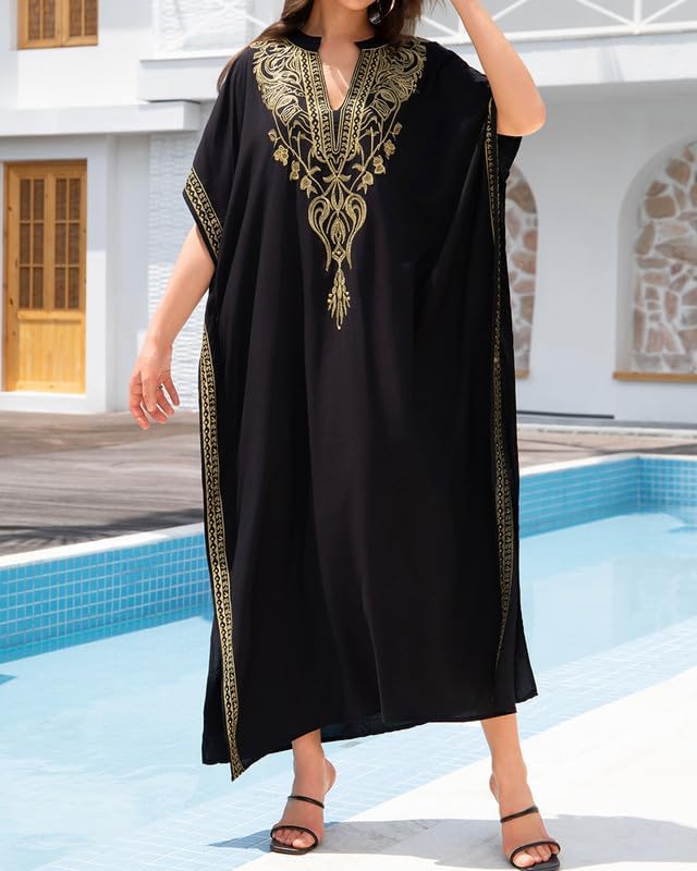 Bsubseach Damen Stickerei Kurzarm Bikini Strandkleid Side Split Beach Kaftan Kleid Goldstickerei, Go