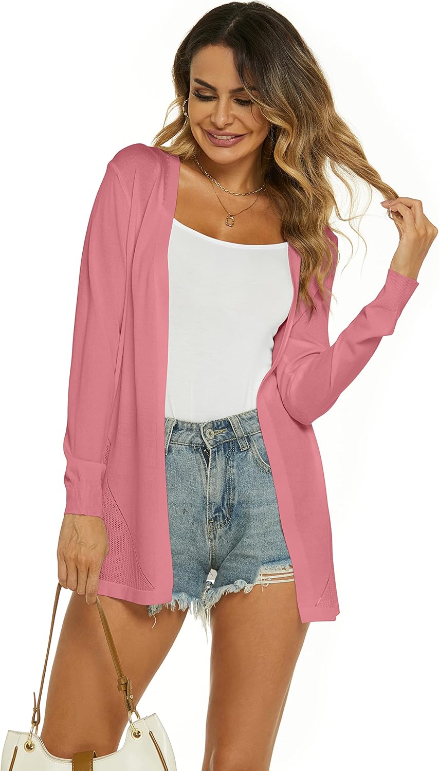 Damen Strickjacke Sommer Cardigan Elegant Lang Jacke Leichte Langarm Offene Strickjacke Sommerjacke