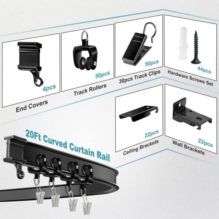 KOLAKO Deckenvorhangschiene, 6 m, flexibel, biegbar, Vorhangschiene, Deckenhalterung, schwarz, gebog