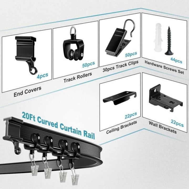KOLAKO Deckenvorhangschiene, 6 m, flexibel, biegbar, Vorhangschiene, Deckenhalterung, schwarz, gebog