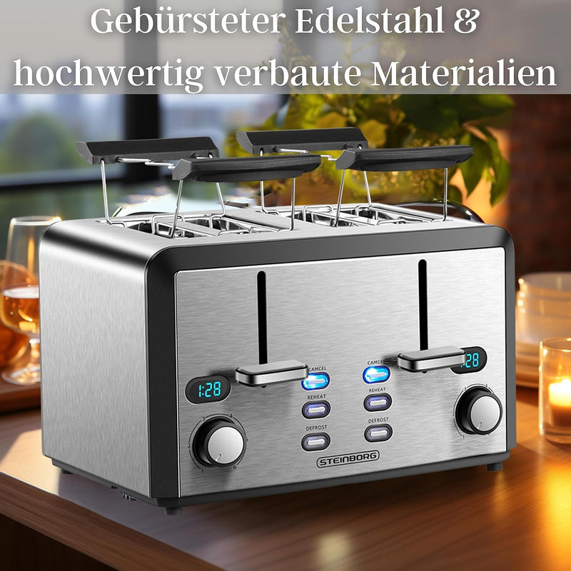 XXL Toaster 4 Toastschlitze | Toastautomat | 1600 Watt | 6-Stufen Bräuneregler | 2x Brötchenaufsatz