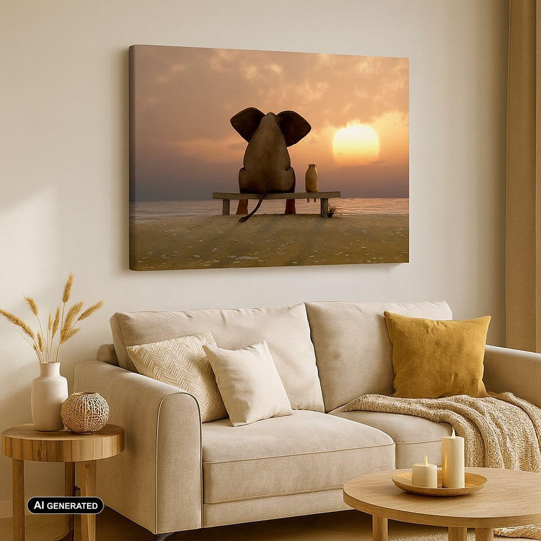 Bilder auf Leinwand Elefant Ufer Meer Leinwandbild mit Rahmen 70x50cm Wandbilder Dekoration Wohnzimm