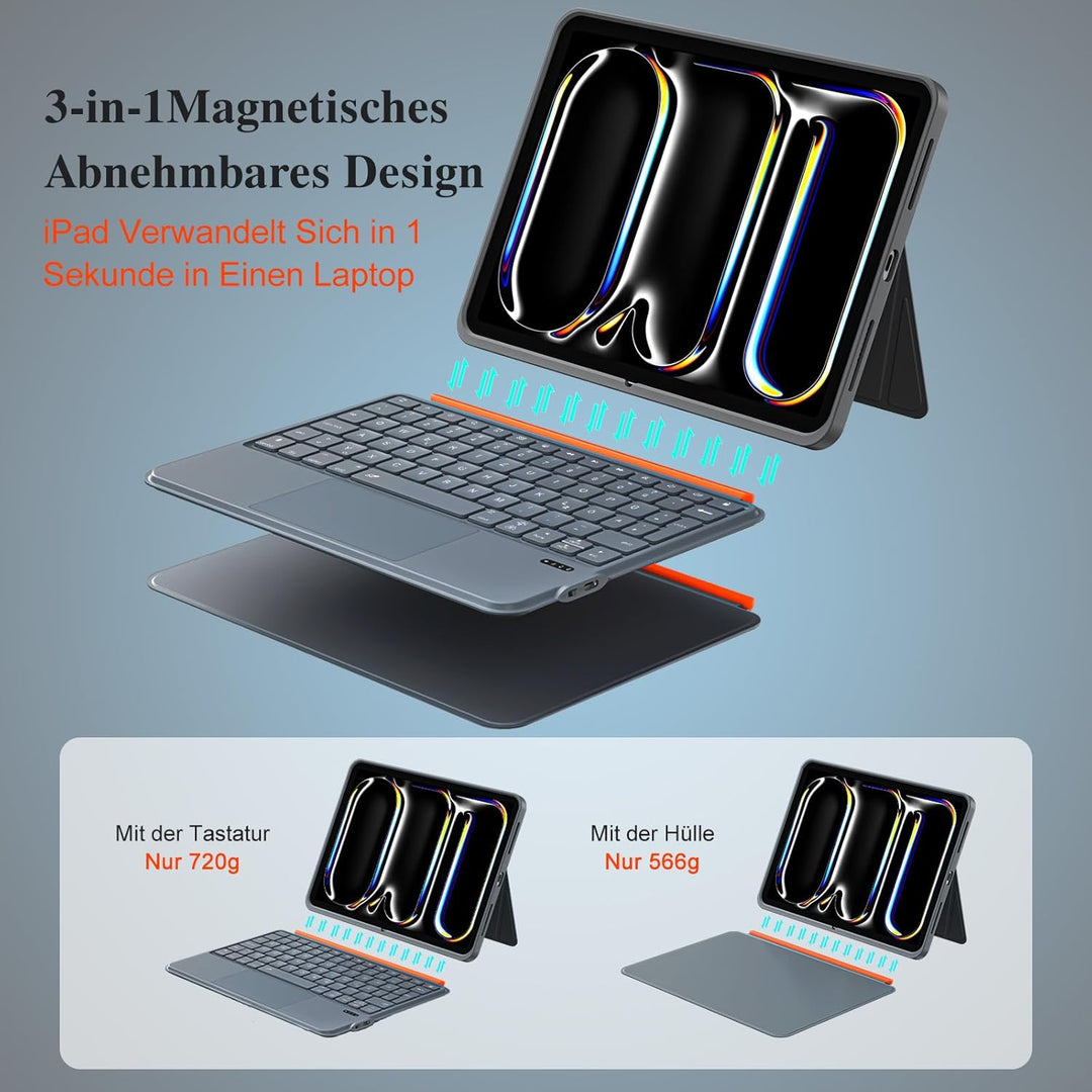 Tastatur Hülle für iPad Pro 11 Zoll (M5/M4 2025/2024), Magnetisch Abnehmbares Keyboard, Grosses Trac