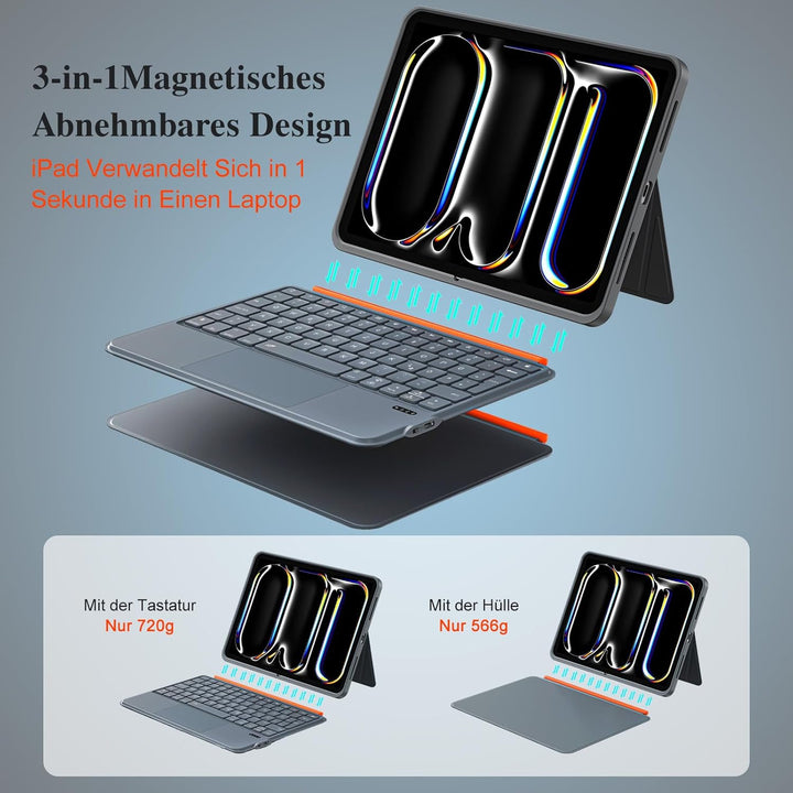 Tastatur Hülle für iPad Pro 11 Zoll (M5/M4 2025/2024), Magnetisch Abnehmbares Keyboard, Grosses Trac