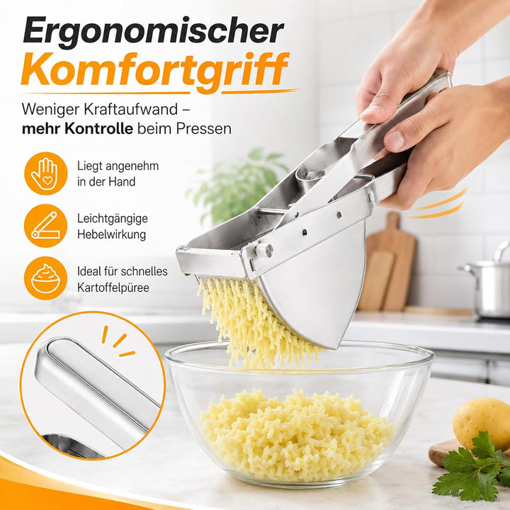 Hohe Qualität Kartoffelpresse Edelstahl Testsieger - Ergonomischer Komfortgriff, Extra Grosses Fassu