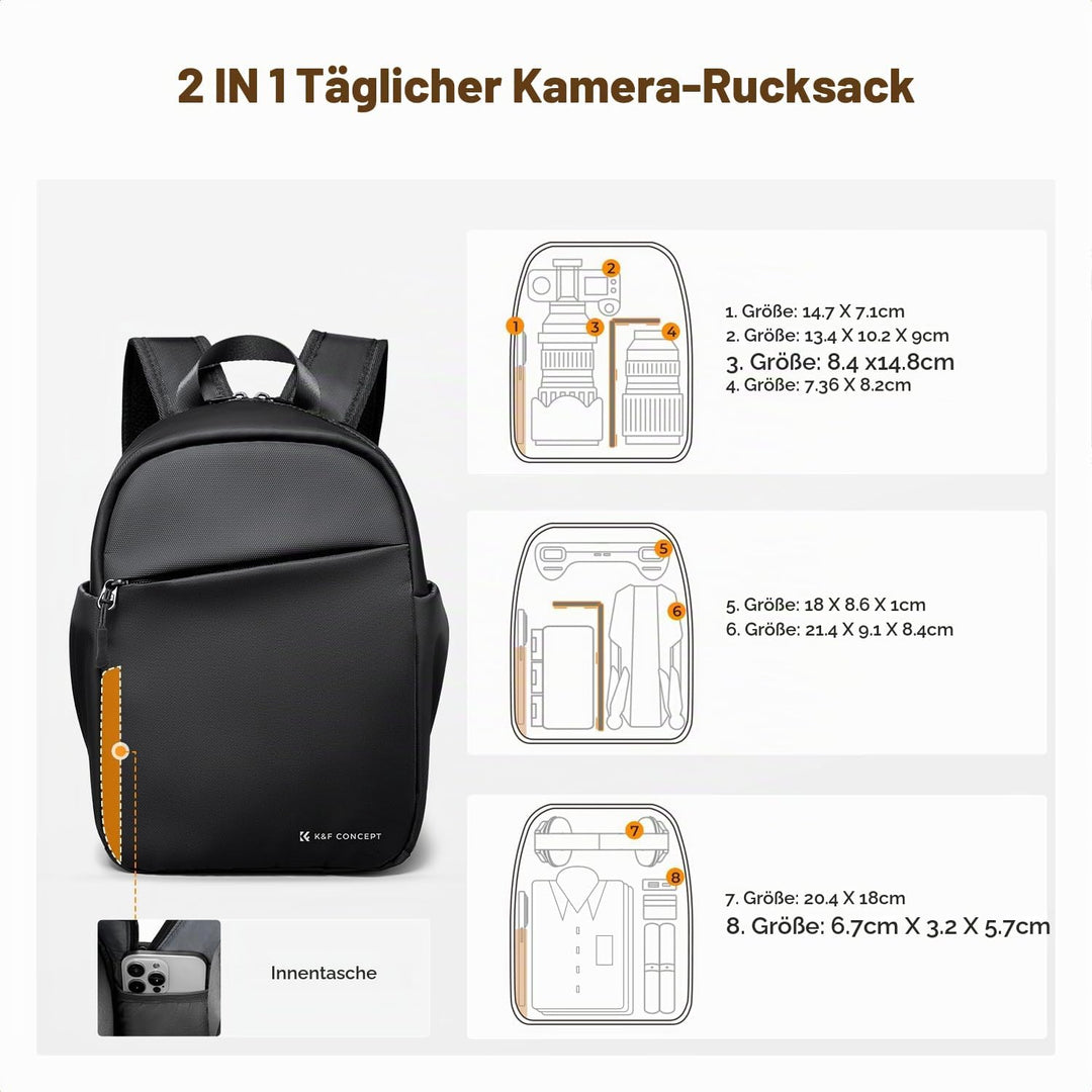 K&amp;F CONCEPT Täglicher Kamerarucksack, Fotorucksack Klein Tragbar mit Verstellbarem Schultergurt für