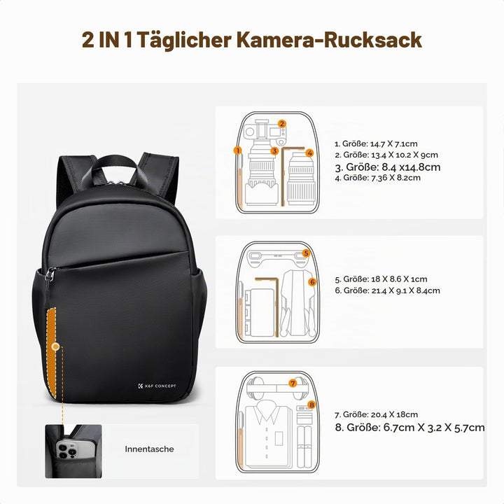 K&amp;F CONCEPT Täglicher Kamerarucksack, Fotorucksack Klein Tragbar mit Verstellbarem Schultergurt für
