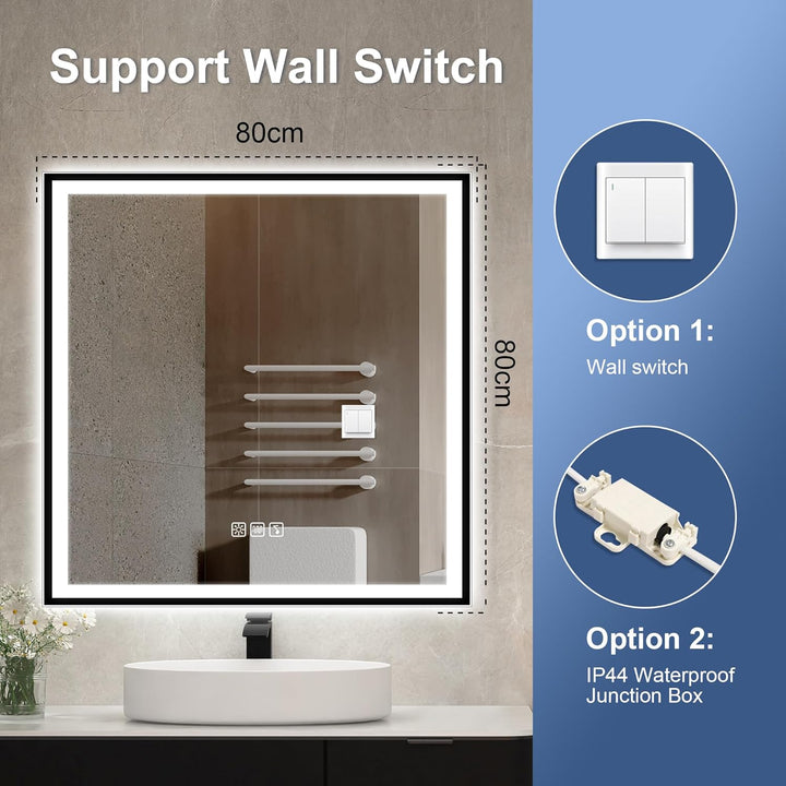 STARLEAD Badspiegel-mit-Beleuchtung 80x80 cm, LED-Spiegel-Bad-mit Bluetooth, Entfoggen, IP44 Badezim