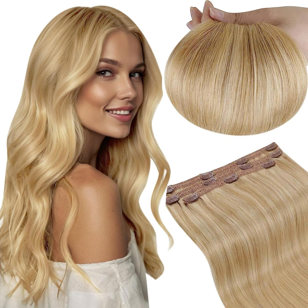 RUNATURE Remy Clip Extensions Echthaar Highlighted Blond 35cm Clip Echthaar Haarverlängerung Unsicht