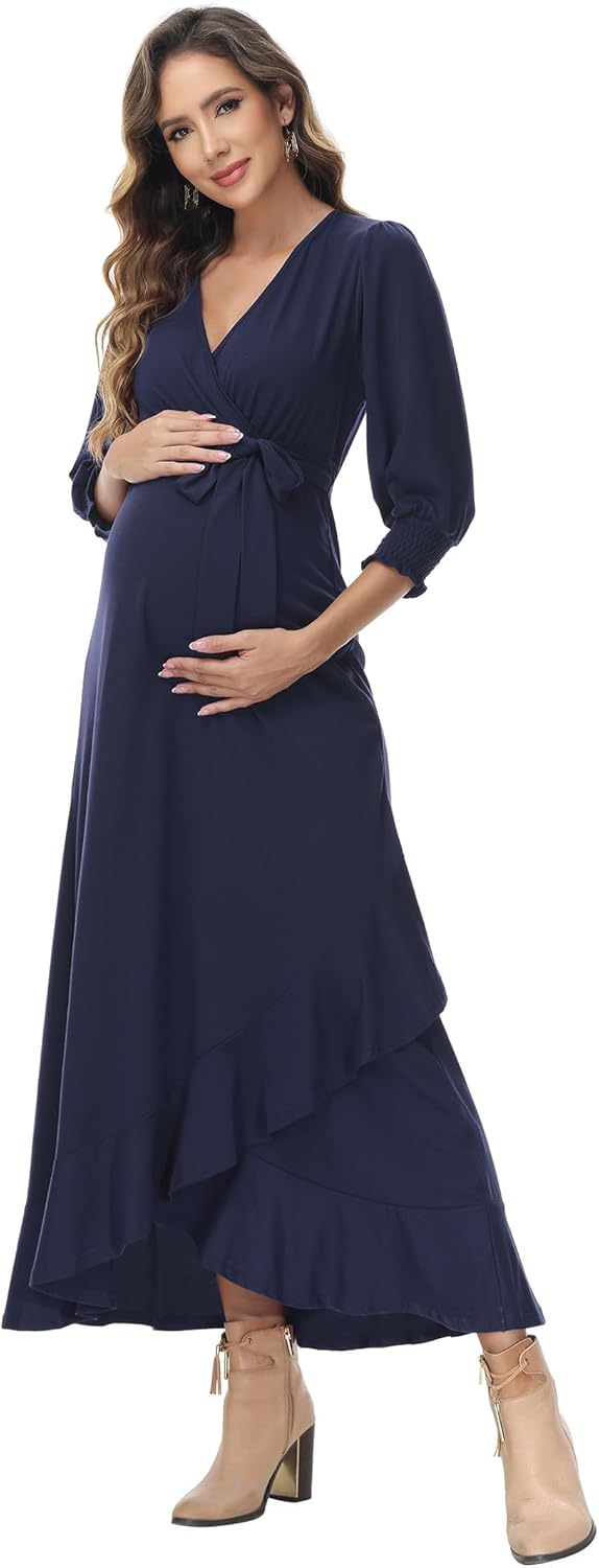 KOJOOIN Damen Umstandskleid V-Ausschnitt Stillkleid Kurzarm Schwangerschaftskleid mit Rüschen Blumen