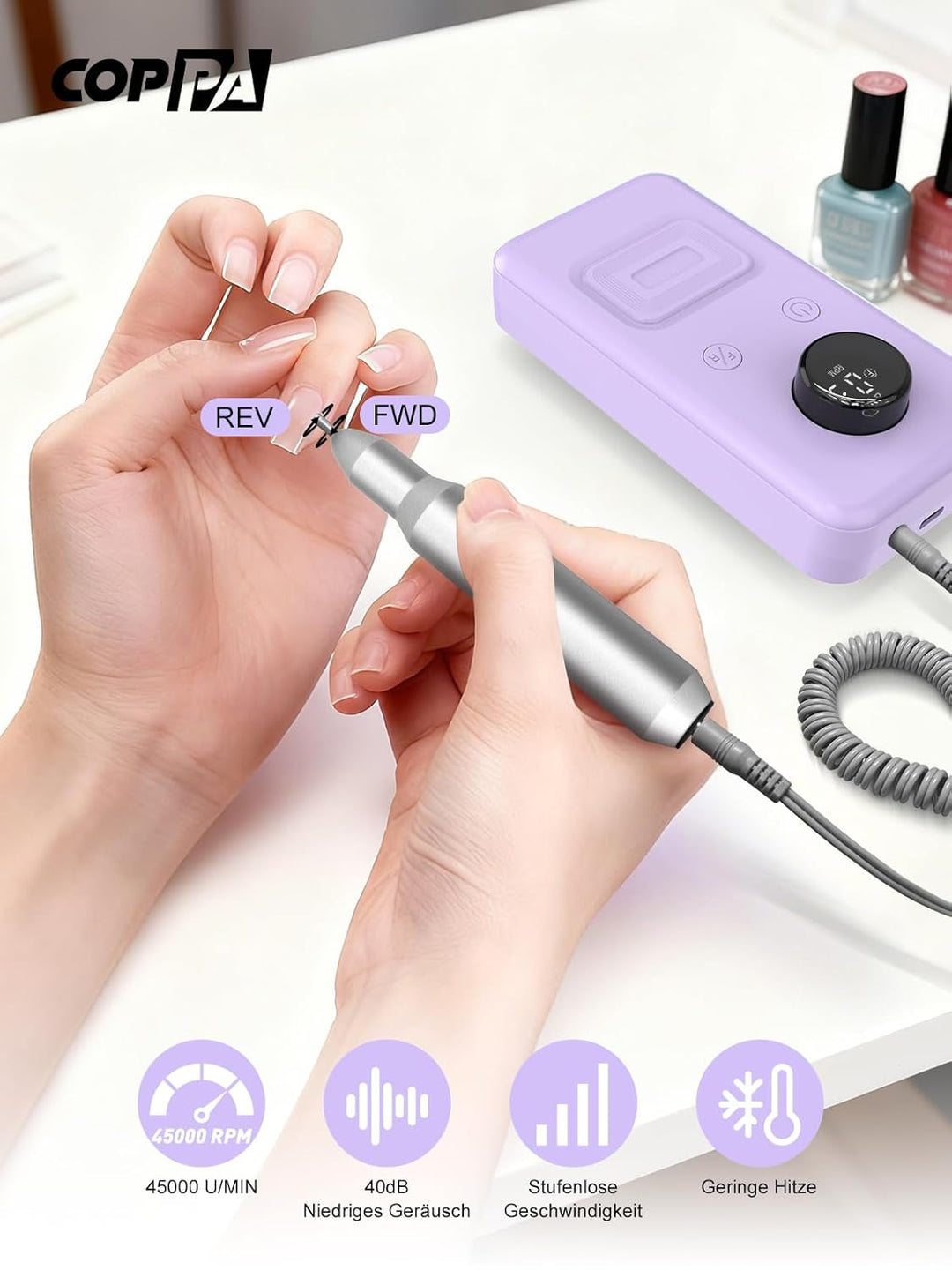 COPPA Nagelfräser, NDK106 Professionell Elektrische Nagelfräser Set mit 12 Bits 31 Schleifbändern, 4