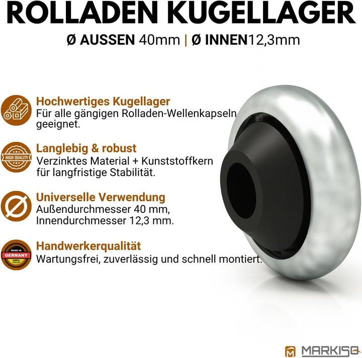markiso® 10 Stück Rolladen Kugellager mit Kunststoffkern, Rollladenlager für Klauenlager für Ø 12,3m